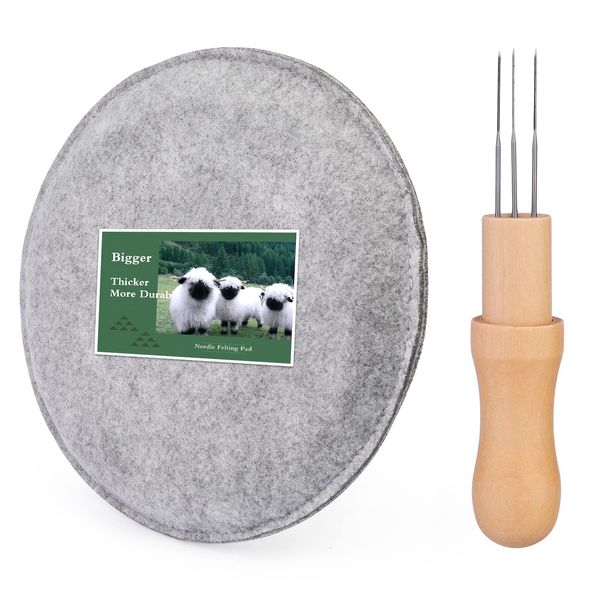 BUOKKON Needle Felting Pad, 7.87x7.87 Inch, Grey Round Needle Felting Wool Kit, Felting Kit with Felting Needle Tool with 3 Needles, Accommodates Any Felting Project