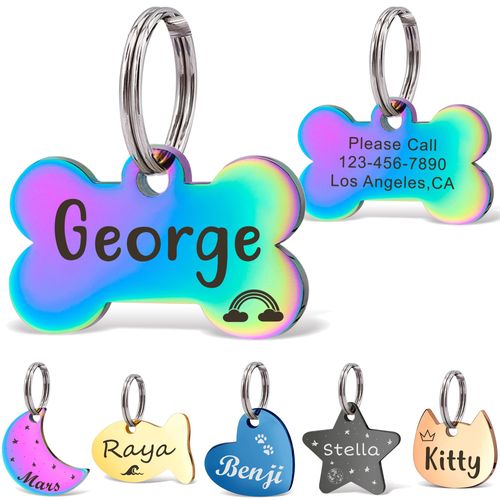 Anavia Small Size Dog Cat ID Tags, Small/XS Personalized Color Plated Stainless Steel Puppy Kitten Name Tags, Customized Engraved Nameplate Pet Collar Tag (Rainbow, Bone)