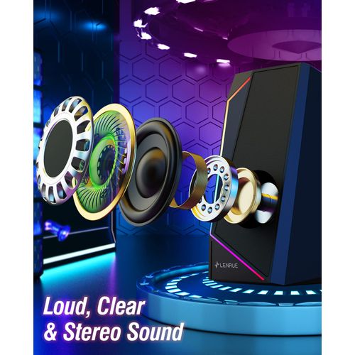 LENRUE PC Speakers, USB/USB-C Powered Computer Speakers with Loud Stereo Sound, Headphone-in for Desktop, iMac, MacBook, Laptop, Monitor (USB-C to USB Adapter Included)