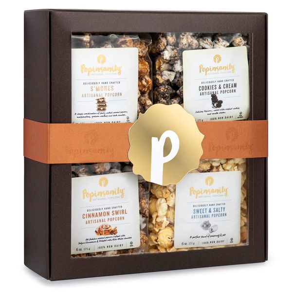 POPINSANITY Gourmet Popcorn Gift Set In A Deep Chocolate Brown Deluxe Box. Overflowing with 4 Bags x 6 Oz Most Popular Popped Popcorn Flavors. Kosher, Non-GMO, Dairy-Free. Variety Prime Gift Basket.