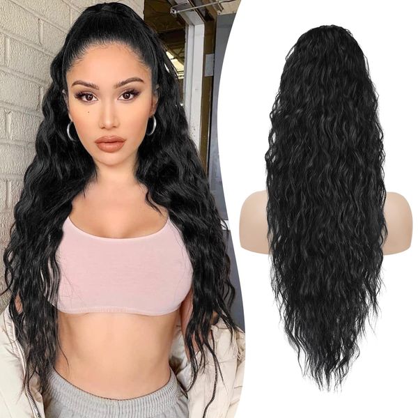 RUWISS Pferdeschwanz Verlängerung 65 cm Kordelzug Pferdeschwanz Verlängerung, Wellig Lockig Clip in Ponytail Hair Extensions, Synthetik Pferdeschwanz Haarteil für Damen Natürlich Schwarz