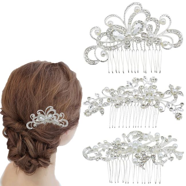 3 Piece Bridal Wedding Hair Clip Comb Pearl Bridal Hair Accessories Pearls Wedding Decoration Headpiece for Women Ladies Brides and Bridesmaids (3 Style)