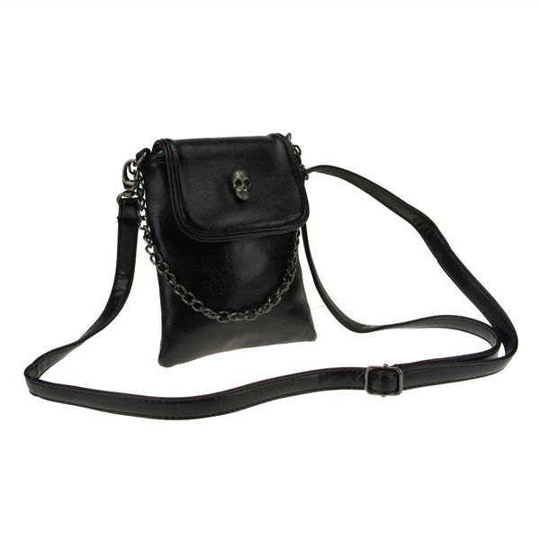 FakeFace Damen PU Leder Schultertasche Umhängetasche Clutch Handtasche Henkeltasche mit Totenkopf Handytasche Handbag Crossbody Bag Geschenk für Damen Mädchen (Schwarz)