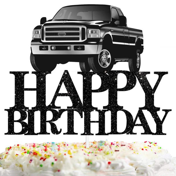 Pickup Truck Cake Topper Happy Birthday Theme Black Glitter Decor Picks for Kids Adult Birthday Party Decorations Supplies