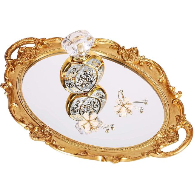 Zosenley Polyresin Ellipse Antique Decorative Mirror Tray, Makeup Organizer, Jewelry Organizer, Serving Tray, 9.8”x 14.6”, Gold