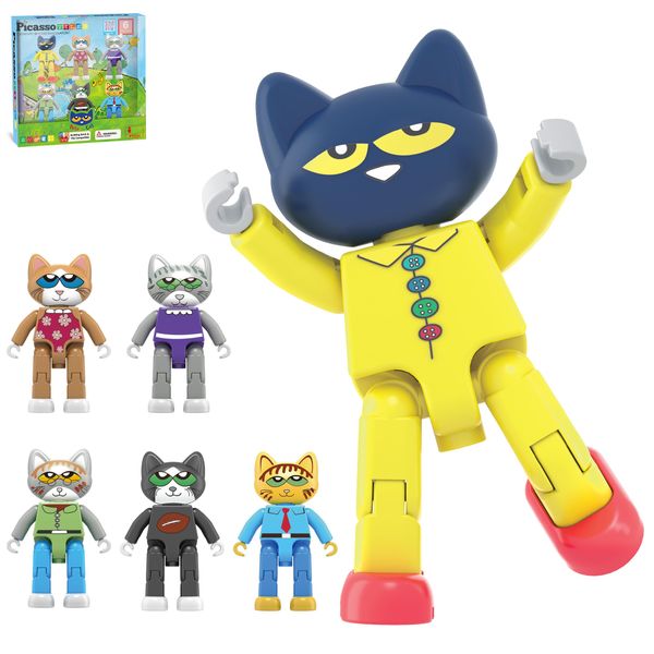 PicassoTiles Magnetic Figures 6 Pete the Cat Family Animal Action Character Toddler Toys Magnet Expansion Pack Building Blocks Add-on Educational STEM Learning Kit Construction Brain Development Tiles