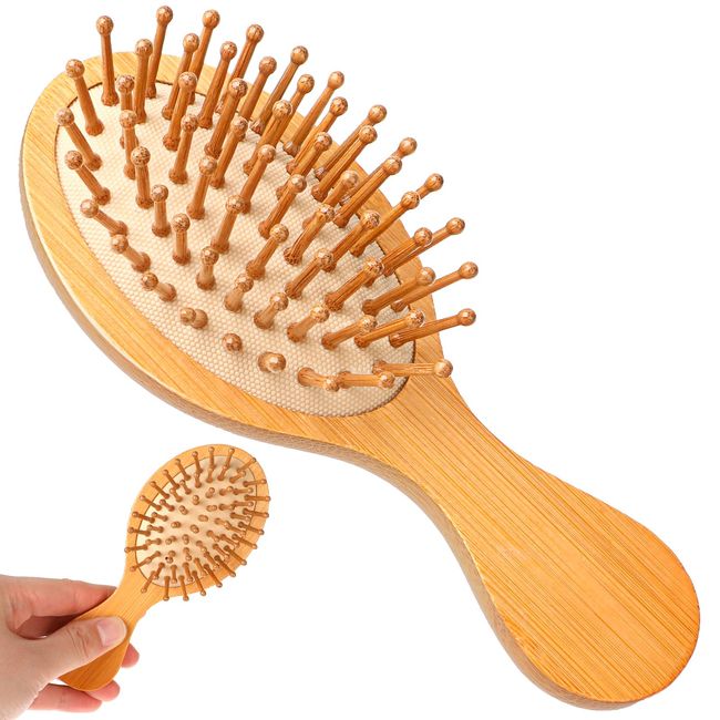 Mini Bamboo Brush for Hair Growth, Natural Wooden Scalp Brush Small Hair Scalp Massager Portable Travel Detangling Hair Brush for Women with Handle Design and Anti-Static Round Wood Pins