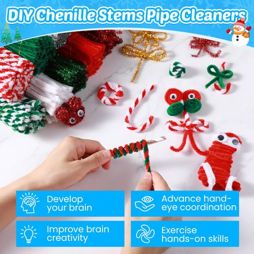 Jenaai 700 Pcs Christmas Pipe Cleaners Craft Set DIY Glitter Chenille Stem Bulk Set Including 600 Pcs Pipe Cleaner and 100 Pcs 95 Adhesive Wiggle Eye for Art Supplies Christmas Craft Decoration