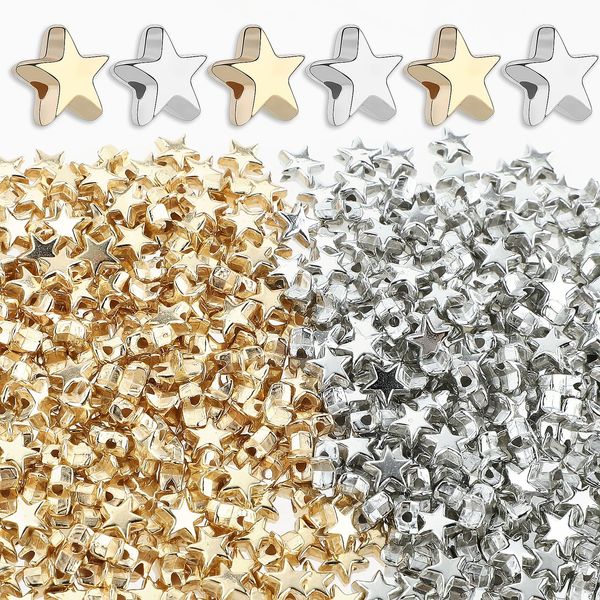 500Pcs Star Spacer Beads 6mm Gold/Silver Arcylic Star Shape Spacer Beads for Jewelry Bracelet Making, Star Shape Charm Loose Beads Bulk for DIY Bracelet Crafting (Gold, Silver)