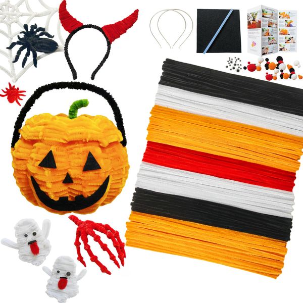 YYUENG TAK 270 pcs Halloween Pipe Cleaners, 200 pcs Pipe Cleaners Craft Supplies for DIY Pumpkin,Devil Headbands, with Tutoria, 20 pcs Wiggle Googly Eyes and 50 pcs Pom Poms, Halloween Decoration