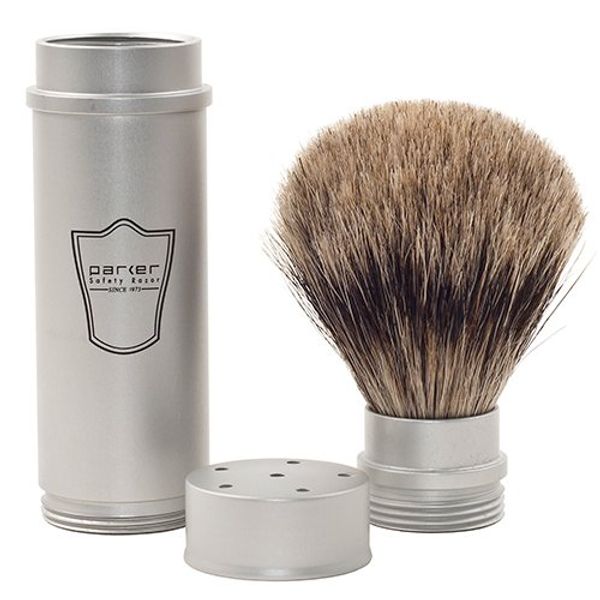 Parker Safety Razor, Full Size Travel Shaving Brush with Pure Badger Bristles - Ingenious Design Stores the Brush Head in the Handle Making the Brush Compact for Travel