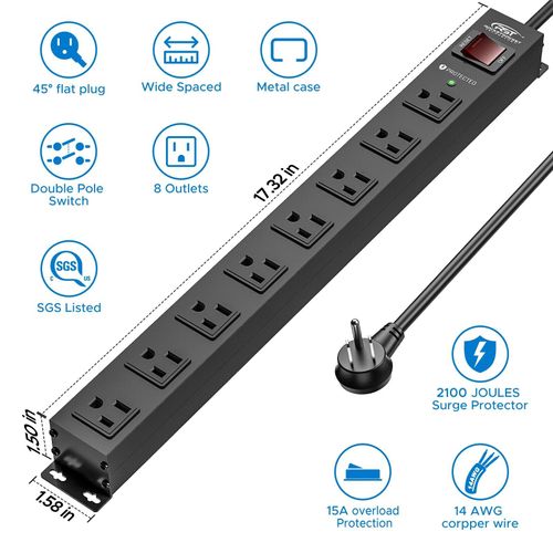 CRST 2 Pack 8 Outlet Metal Heavy Duty Power Strip with Switch, 2100J Power Strip
