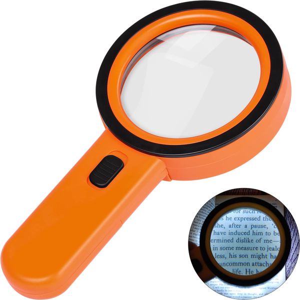 AIXPI Magnifying Glass with Light, 30X Handheld Large Magnifying Glass 12 LED Illuminated Lighted Magnifier for Macular Degeneration Seniors Reading Inspection Coins Jewelry (Orange)