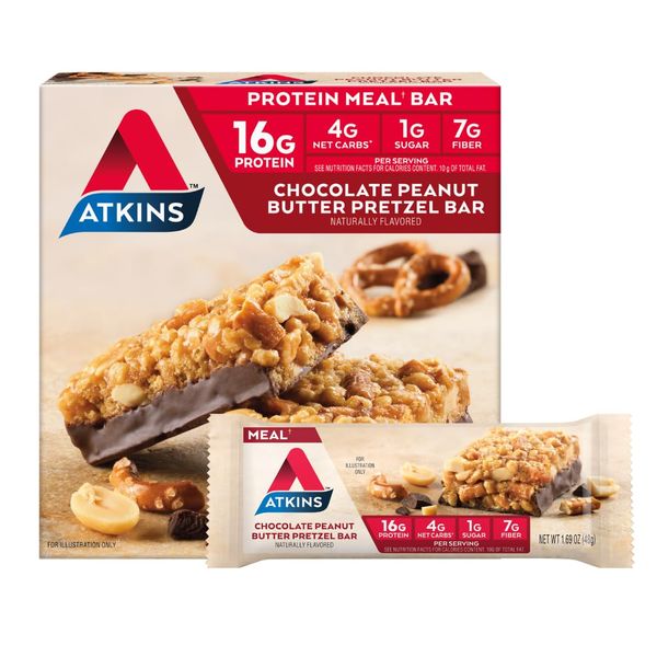 Atkins Chocolate Peanut Butter Pretzel Protein Meal Bar, High Fiber, 16g Protein, 1g Sugar, 4g Net Carbs, Meal Replacement, Keto Friendly, 5 Count