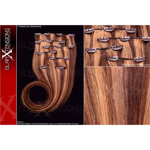 Echthaar Clip In Extensions Set 100% indisches Remy Echthaar 7 teilig / 7 Tressen hochwertige Haarverlängerung 55cm Clip-In Hair Extension Farbe gesträhnt # 4/27 schokobraun braun honigblond