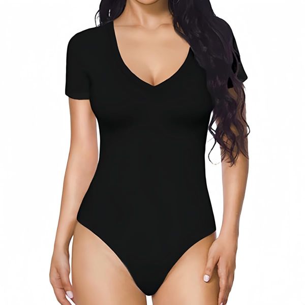 WinsGreat Women's Short Sleeve Bodysuit, V Neck, Leotard, Sheer Top, Jumpsuit, Body Shaper, Innerwear, Slimming, Stretchy, Breathable, Beautiful Chests, Clubwear, Black