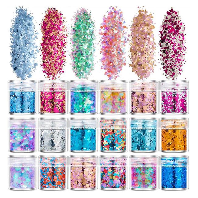 YFFSFDC Glitter Hologram Set of 18 Colors, Glitter, Nail Art, Container Included, Glitter, Glitter Powder (18 Colors), Nail Powder, Face Decoration, Hair Decoration, New Year, Christmas, Makeup Supplies, Gold