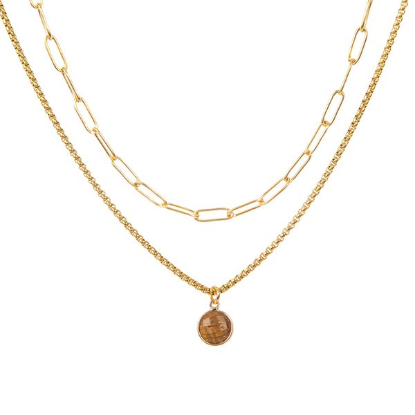 Classic Gold Stone Pendant Necklace Set - Paperclip Chain & Tiger's Eye