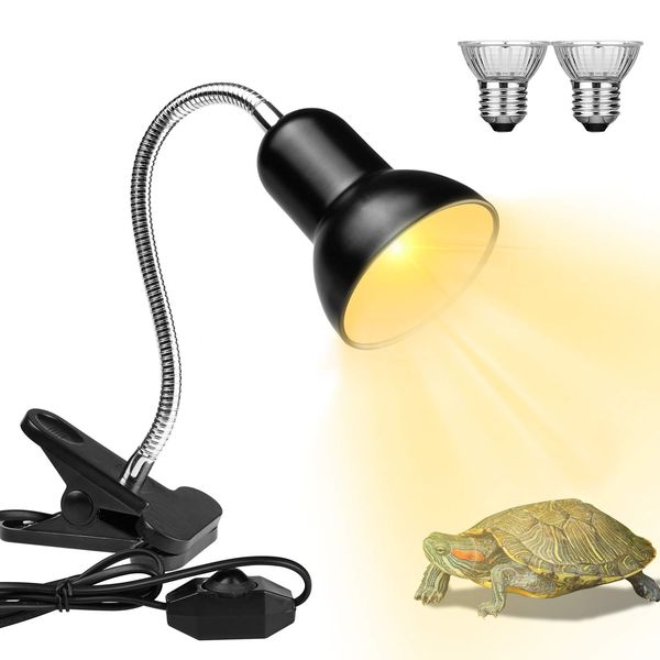 Reptile Heat Lamps, Turtle Lamp UVA/UVB Turtle Aquarium Tank Heating Lamps with Clamp, 360° Rotatable Basking Lamp for Lizard Turtle Snake Aquarium Aquatic Plants with 2 Heat Bulbs (E27,110V)