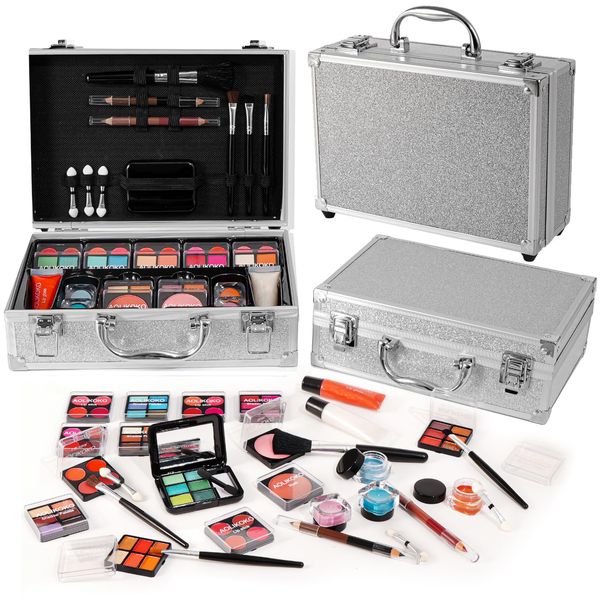 AOLIKOKO Makeup Kit for Teenager & Women Full Kit, All- In- One Makeup Set With The Cosmetic Train Case, Professional Makeup Kit, Makeup Gift Set for Women Girls(silver)