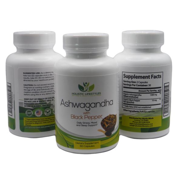 Organic Ashwagandha w/Black Pepper 1300 mg Anti-Anxiety/Stress Supplement 60 Ct