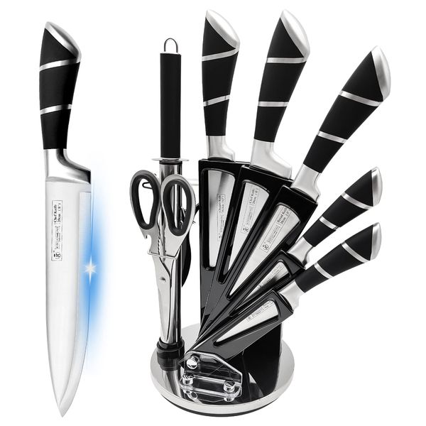 Kitchen Knife Set, Retrosohoo 9-Pieces Black Sharp Non-Stick Coated Chef Knives Block Set,Stainless Steel Knife Set for Kitchen with Sharpener for Cutting Slicing Dicing Chopping (Black)