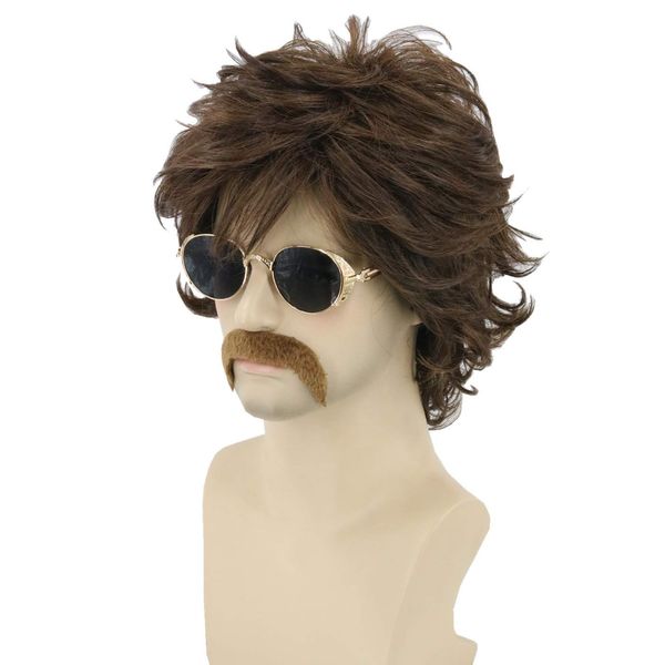 LeMarnia 70s Men's Wig Brown Short Wavy Shaggy Wig Halloween Costume Party Cosplay Wig