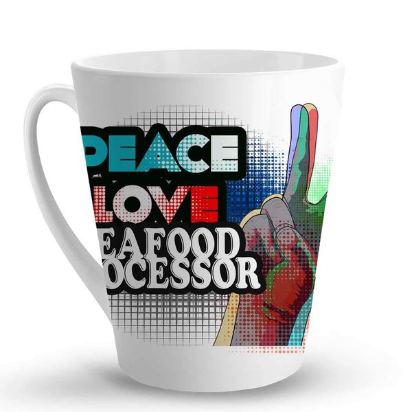 Makoroni - PEACE LOVE SEAFOOD PROCESSOR - 12 Oz. Unique Ceramic Coffee Cup, LATTE MUG