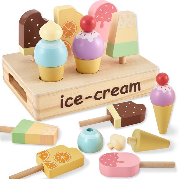 HERSITY Wooden Ice Cream Stand for Kids, Ice Cream Popsicle Toy Pretend Play Food Kitchen Accessories Playset Ice Lolly Shop Games for Toddlers Girls Boys 3 4 5 Years Old