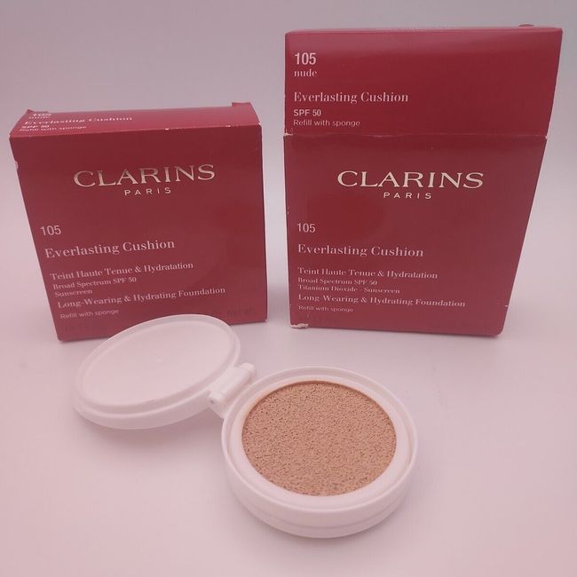 LOT OF 2 Clarins Everlasting Cushion Foundation Refill 105 NUDE SPF 50 Sealed