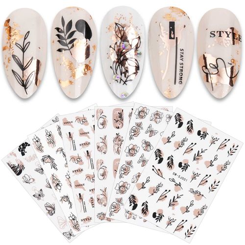 JMEOWIO Fiore Nero Rosa Oro Adesivi Unghie Nail Art 12 Fogli Stickers Unghie Autoadesivi Decorazioni Unghie Nail Art Disegni