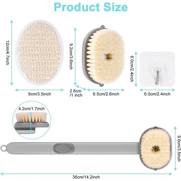 AOOWU Body Brush Back Scrubber for Shower, 4PCS Long Handle Liquid Bath Shower Brush Set, Detachable Body Back Scrubber Built-in Shower Gel Reservoir, Deep Cleaning Tool for Exfoliating Skin