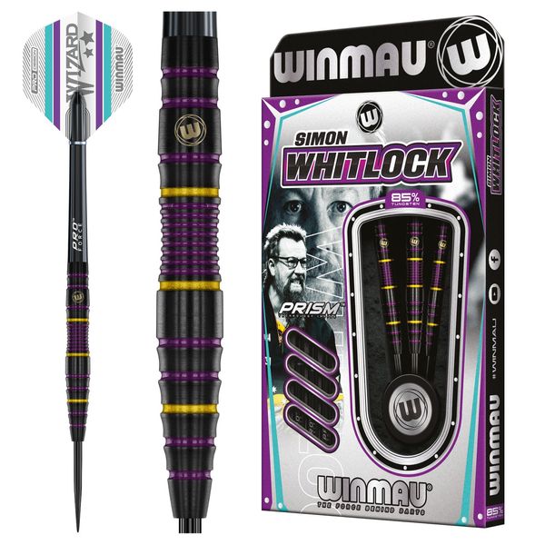 WINMAU Simon Whitlock The Wizard 85 Edition 24 Gram Professional Tungsten Darts Set with Flights and Stems (Shafts)