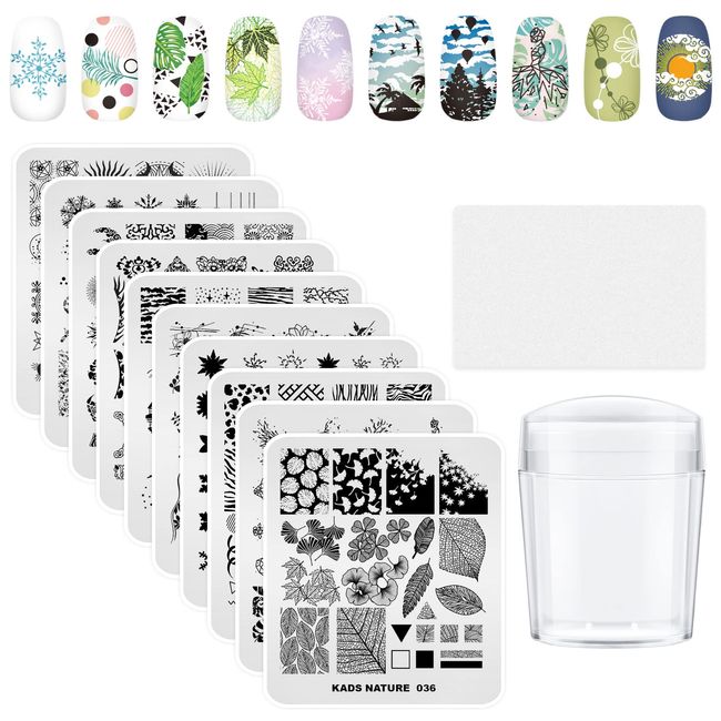 KADS Nail Stamp Plate Set (10 Plates + 1 Stamp + Scraper) Nature Scenery, Sun, Moon, Snow Flowers, Nail Image Plate (Set 1)