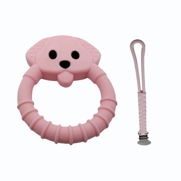 Baby Teething Toy Set - Includes Pink Pacifier Clip & Bear Teether - Silicone Chew Toys for Infants Newborns - BPA Free Freezer Safe