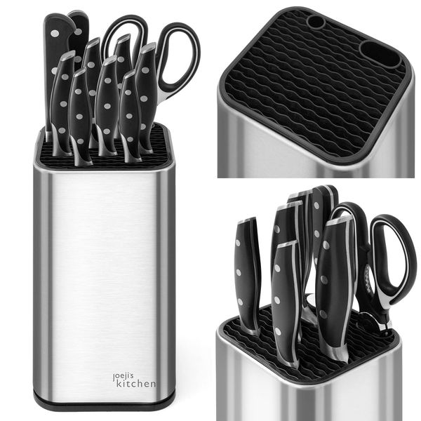 ﻿﻿﻿Joeji's Kitchen Universal Knife Block Without Knives with Extra Slots for Scissors & Sharpening Rod, Rustproof Stainless Steel Kitchen Knife Holder