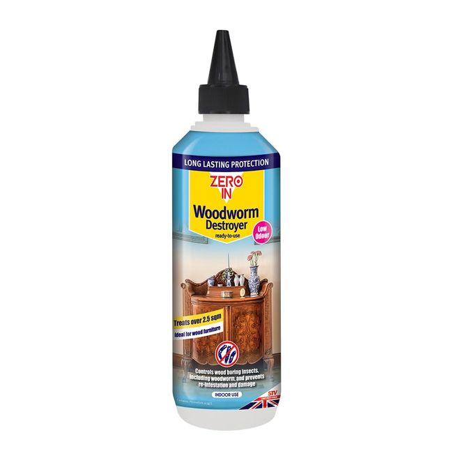 Zero In Woodworm Destroyer – 500 ml Wood Preservative Ready-to-Use Kills Woodworm, Longhorn, Furniture Beetles, and Termites Prevents Reinfestation and Damage to Wooden Furniture and Timber