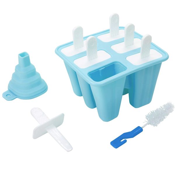 CUQOO Silicone 6 Cavity Popsicle Ice Lolly Mould in Blue – Easy to Remove Reusable Ice Cream Mould for Kids Adults | BPA Free Easy Release Ice Lolly Maker | Mess Frozen Treats Dishwasher Safe