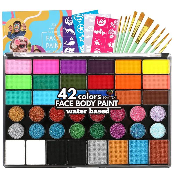 Bowitzki Face Paint Kit,Water Based non tossic Face Paint Palette con 24 colori, 16 glitter, 32 stencil e 10 pennelli, trucco professionale per il viso per feste, Halloween, Carnival, Festival