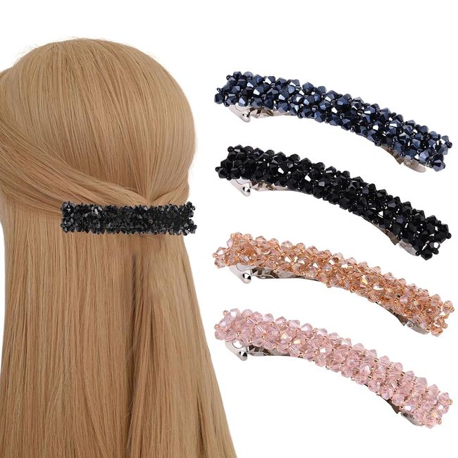 4 Stück Haarspangen Damen, Kristallen Haarspangen Mädchen,klassische Haarspangen für Dünnes Haar und Dickes Haar - Rechteckig Französische Automatische Haarspangen Haarnadel Blume Große Haarclips