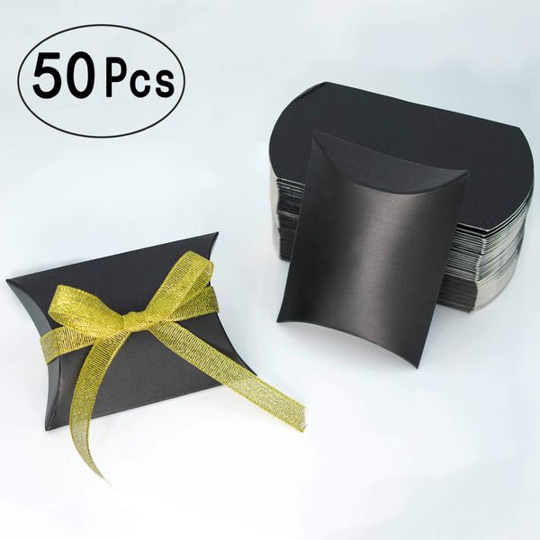 Black Kraft Paper Pillow Box Candy Treat Box Kit Gift Boxes with Gold Ribbon Wedding Favors Baby Shower Birthday Graduation Party Thank You Boxes Supplies, 50pc