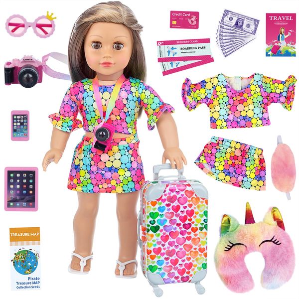 Ecore Fun 24 Pcs 18 Inch Girl Doll Accessories Doll Travel Suitcase Play Set Included Travel Carrier Clothes Camera Phone Travel Pillow Passport Tickets Cashes Credit Card Map Umbrella