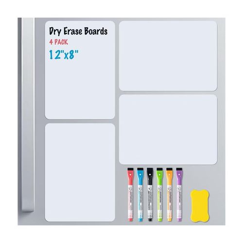 4-Pack Magnetic Dry Erase Board Sheet for Refrigerator, 12"x8" Erasable Fridge Whiteboard with 6 Markers & 1 Eraser, Small Flexible Magnet Blank Notepad for Home Kitchen Organizer Planner to-Do List