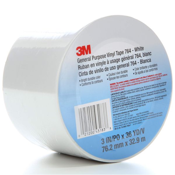 3M Vinyl Tape 764, General Purpose, 3 in x 36 yd, White, 1 Roll, Light Traffic Floor Marking Tape, Social Distancing, Color Coding, Safety, Bundling