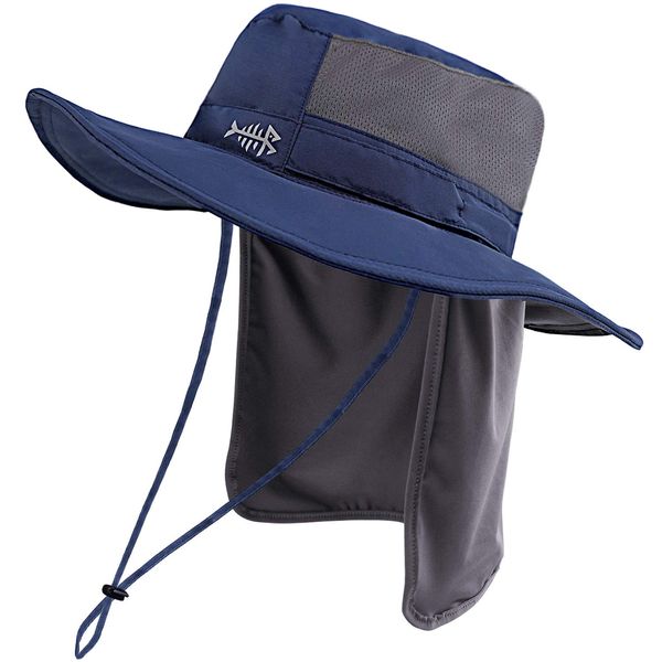 BASSDASH UPF 50+ Sun Fishing Hat Water Resistant with Detachable Neck Flap Dark Blue