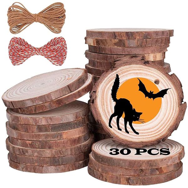 Wood Ornaments 30 Pcs 2.3-2.8 Inches, Gbivbe Wood Slices Unfinished Natural Wooden Predrilled Wood Craft Kit with Hole Wooden Circles Tree Slices for Arts and Crafts, Christmas Ornament DIY Crafts