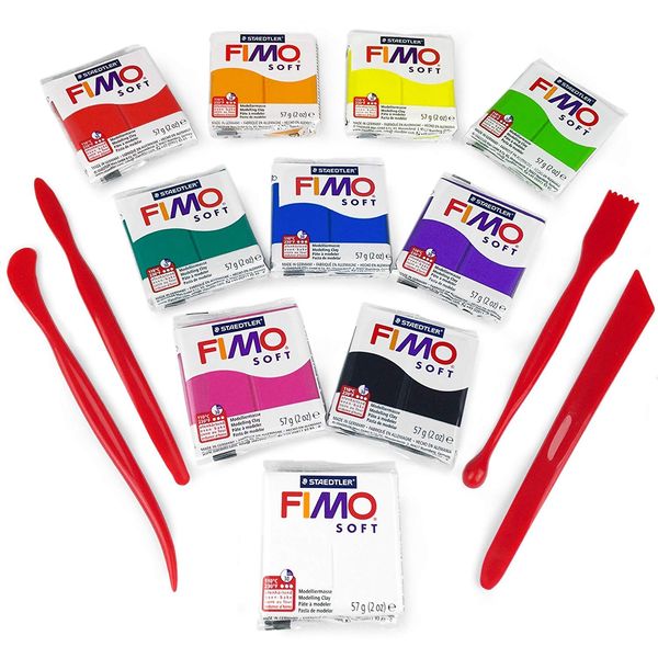 FIMO Soft Polymer Oven Modelling Clay - 57g - Beginners Set - 10 Colours + FIMO Modelling Tools