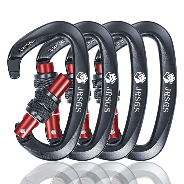 JRSGS 25KN Locking Climbing Carabiner Clips, UIAA Certified Rock Climbing Carabiner,Heavy Duty Carabiners Equipment,Large Size Carabiner for Climbing, Rappelling,Hunting and Rescue (Grey&Red 4Pcs)