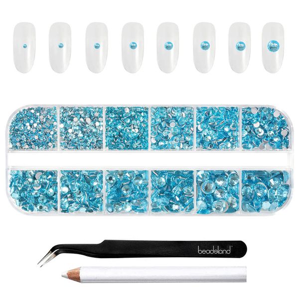 Beadsland Rhinestones for Makeup,8 Sizes 2500pcs Blue Flatback Rhinestones Face Gems for Nails Crafts with Tweezers and Wax Pencil,Aquamarine,SS4-SS30