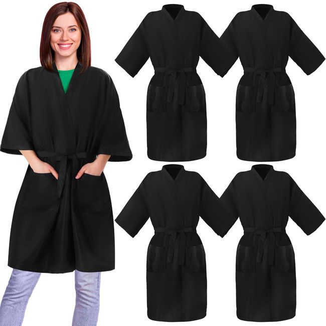 Toulite 4 Pcs Salon Client Robes Cape Smock black Waterproof Hairdressing Salon Gown Cape with Adjustable Tie(Two Pocket)